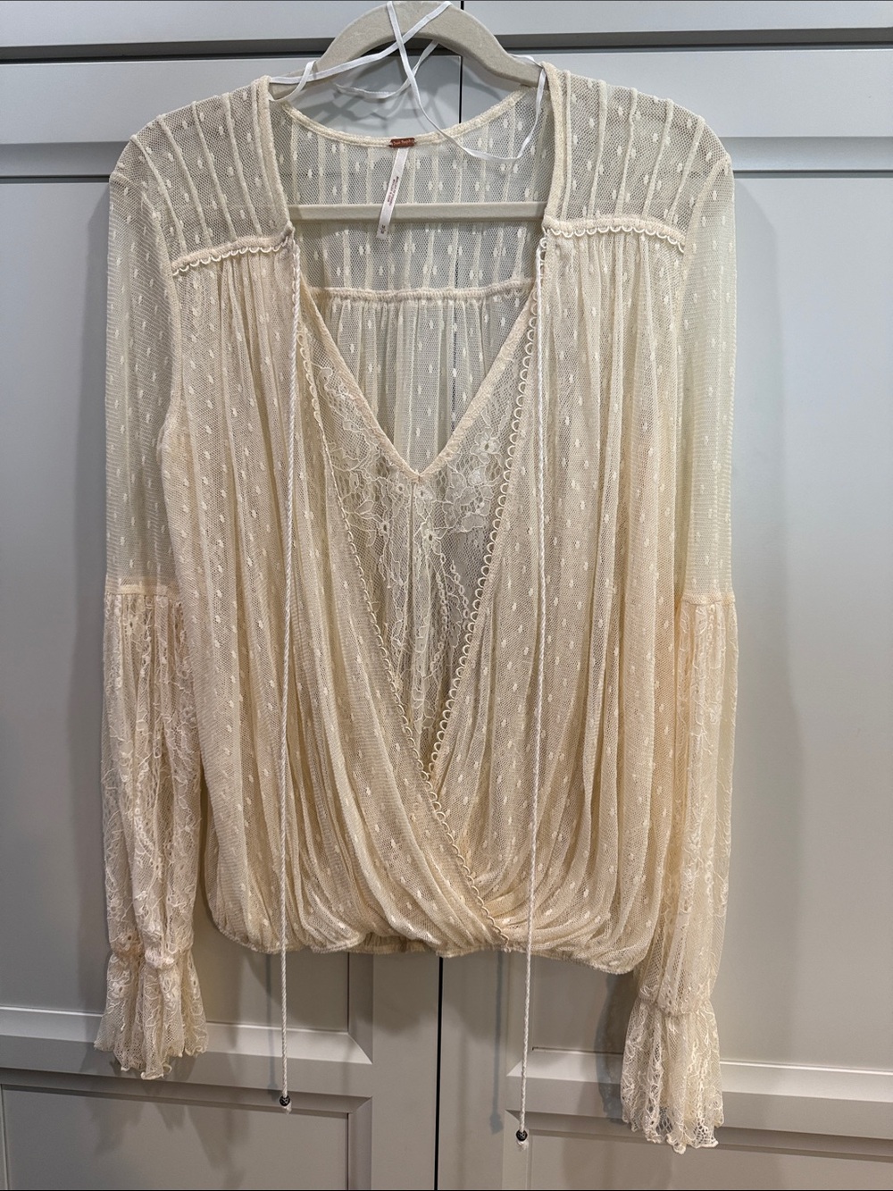 Free People Far Away Sheer Lace & Swiss Dot Blouse - Cream / Ivory - Size Medium